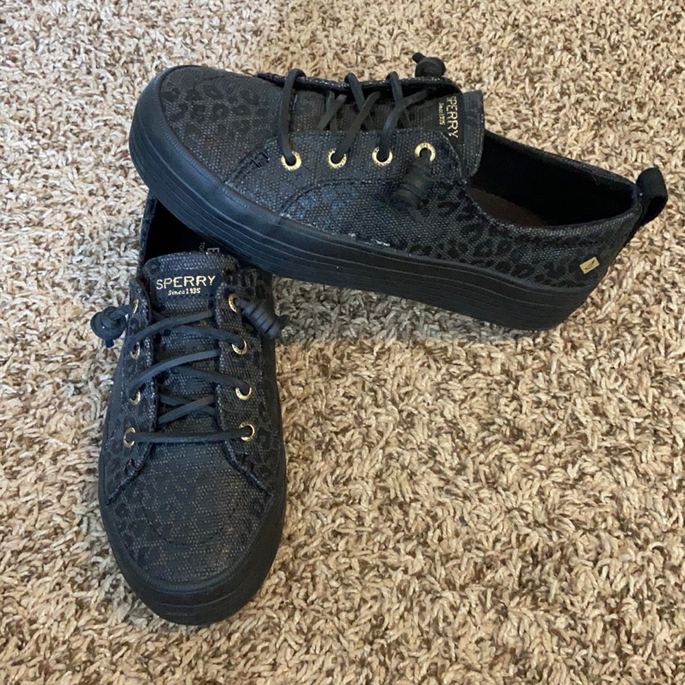 Sperry Black Leopard Print Slip Ons